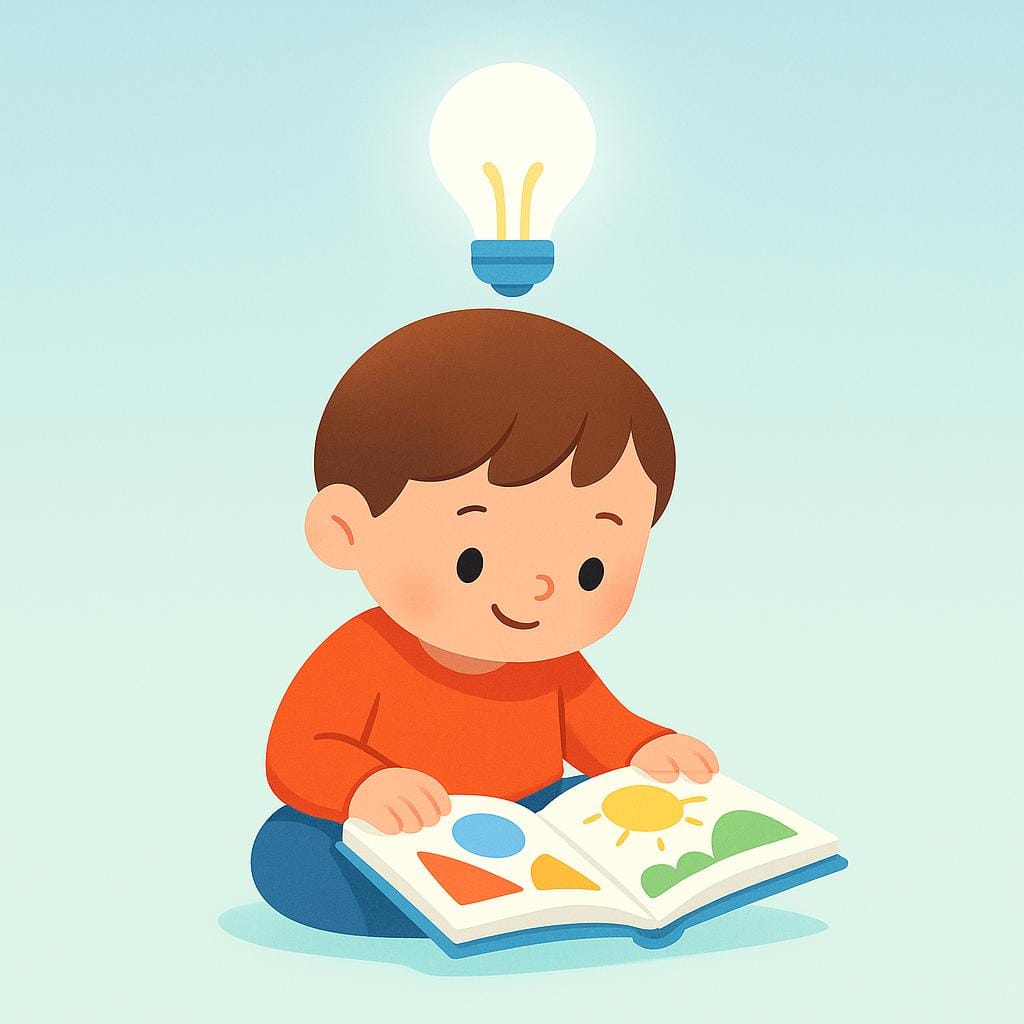 Un'illustrazione colorata di un libro di fiabe che mostra un personaggio semplificato, un bambino felice, seduto con un libro aperto. Una lampadina luminosa e brillante fluttua direttamente sopra la sua testa, simboleggiando una nuova idea o un momento di apprendimento.