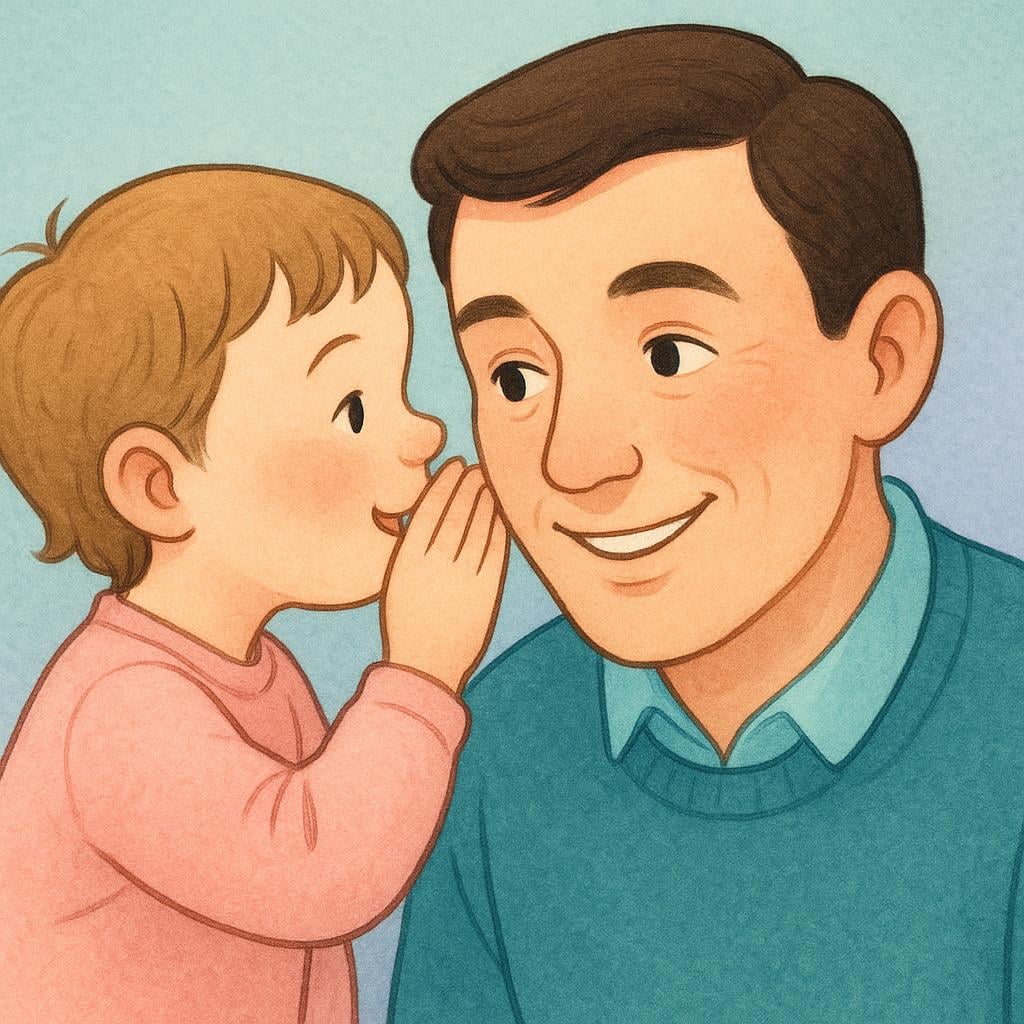 A storybook illustration showing a small child leaning close and whispering a story or secret into the ear of a smiling adult who is listening intently.