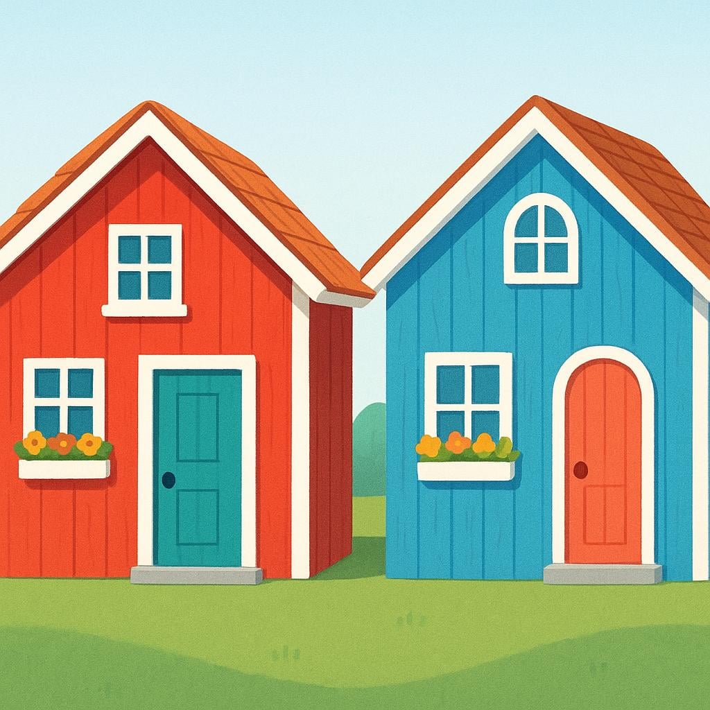 Two simple, brightly colored wooden houses standing directly adjacent to one another, separated by only a small strip of grass.