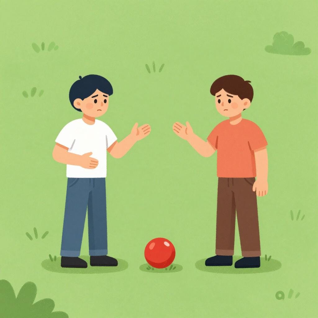 Two people standing face to face with expressive hands, having a serious disagreement over a small red ball on the ground between them.