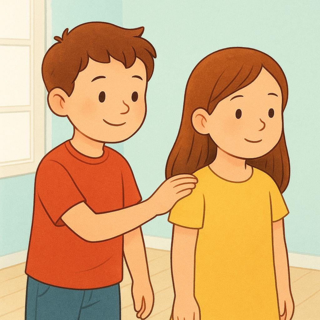 A colorful illustration showing a boy politely tapping a girl on the shoulder to get her attention in a simple, brightly lit setting.