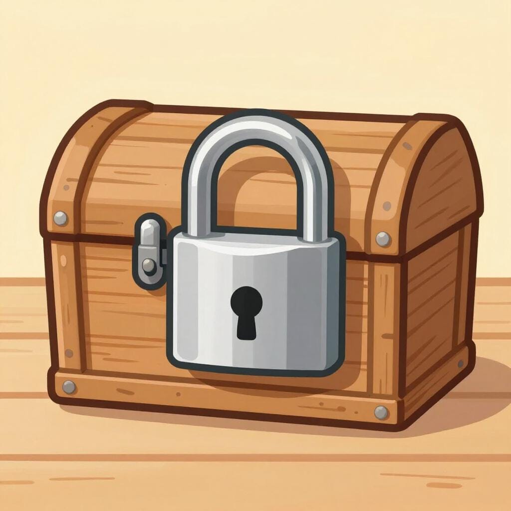 A small wooden treasure chest with a large metal padlock on it.