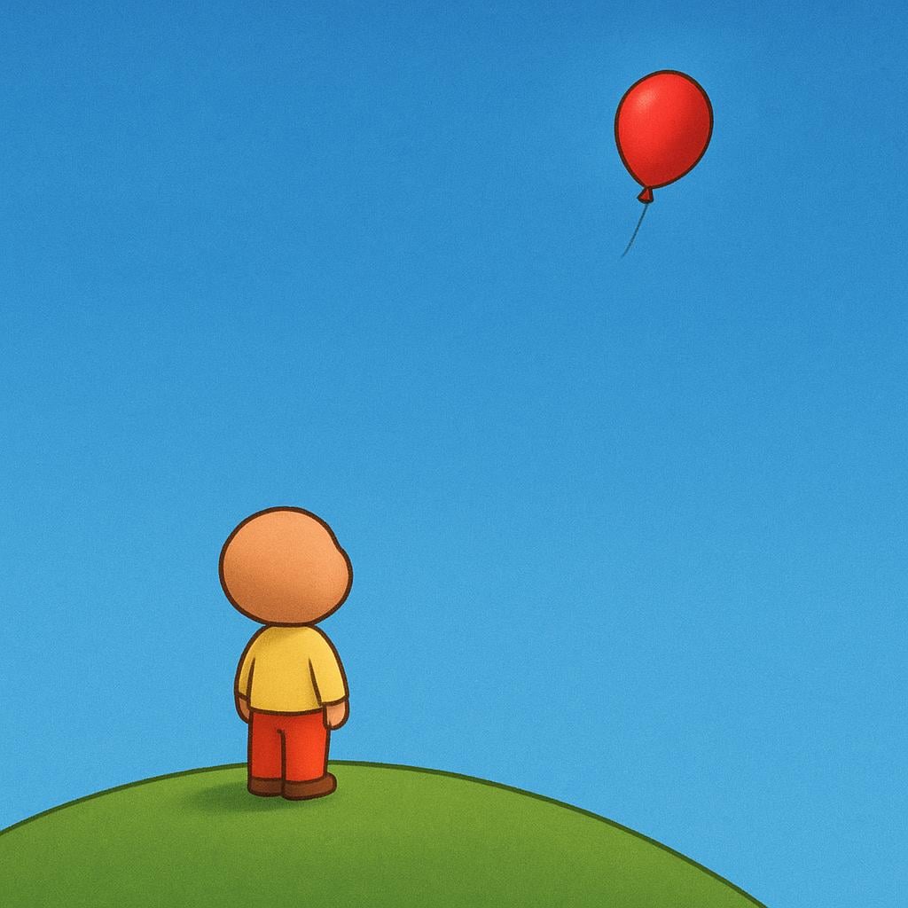 A small, solitary figure stands on a quiet green hill, looking up as a single, brightly colored balloon floats away into the vast sky, symbolizing the intentional ending of life.