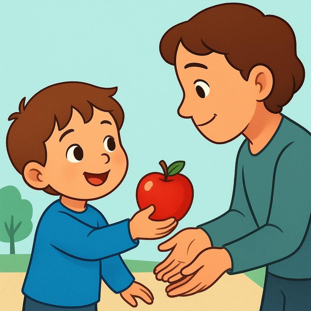 A smiling child is actively extending a bright red apple with both hands towards an adult, symbolizing the action of giving.
