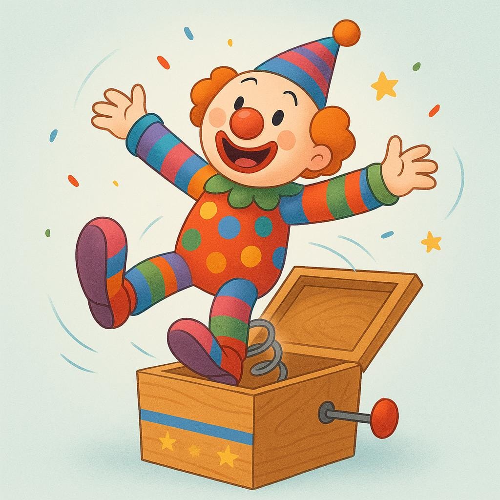 A wooden box with a spring mechanism suddenly opening, causing a brightly colored clown figure to pop out rapidly.
