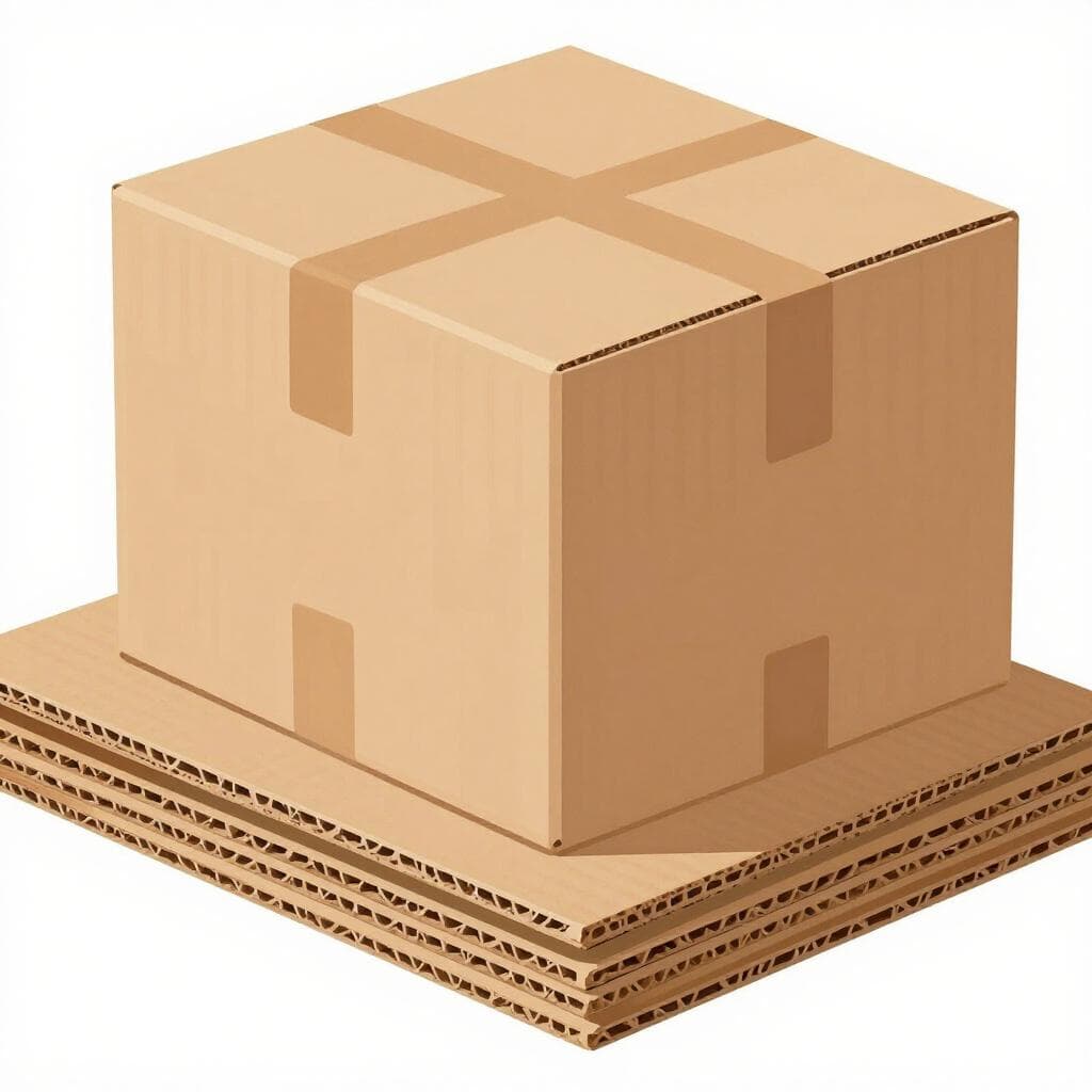 A stack of thick brown cardboard sheets and a folded cardboard box.