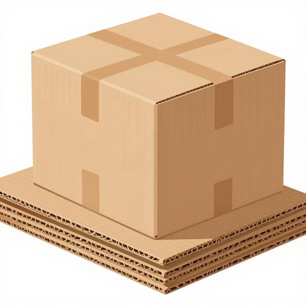 A stack of thick brown cardboard sheets and a folded cardboard box.