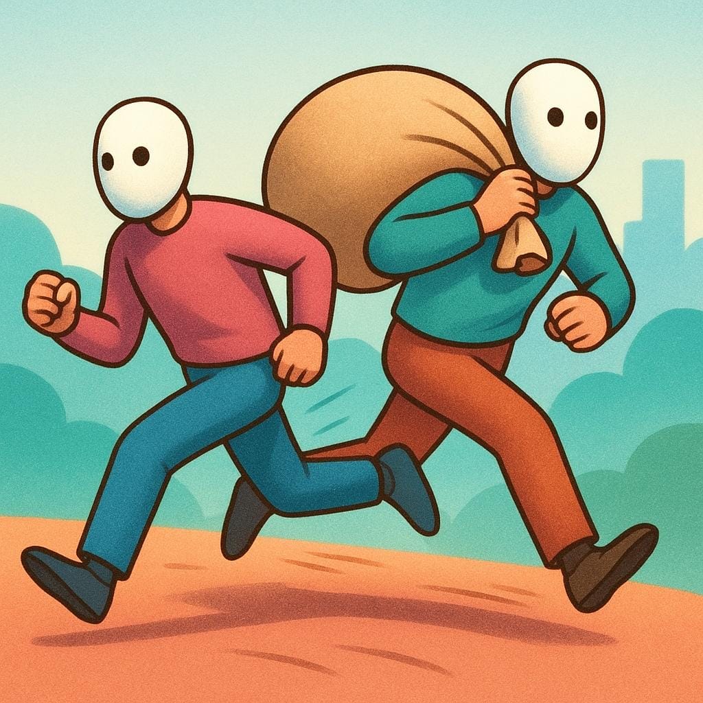 Duas figuras mascaradas estão fugindo rapidamente, carregando um saco grande e pesado, sugerindo que roubaram algo.
