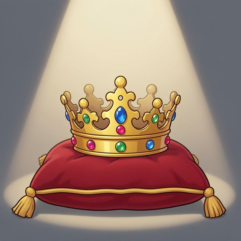 A golden crown sitting on a velvet cushion with a bright light shining from above.