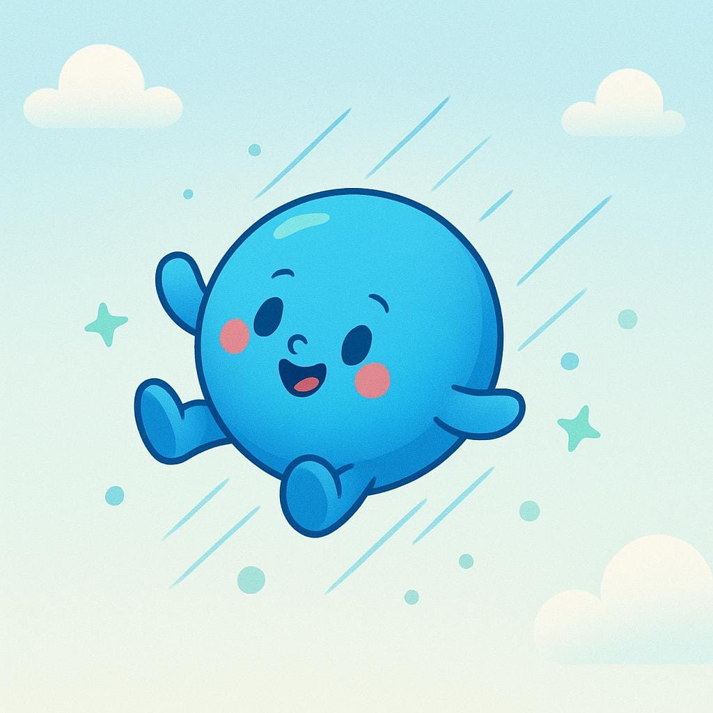 A small, round blue cartoon character is tumbling rapidly downwards through the air against a simple background, illustrating physical descent.