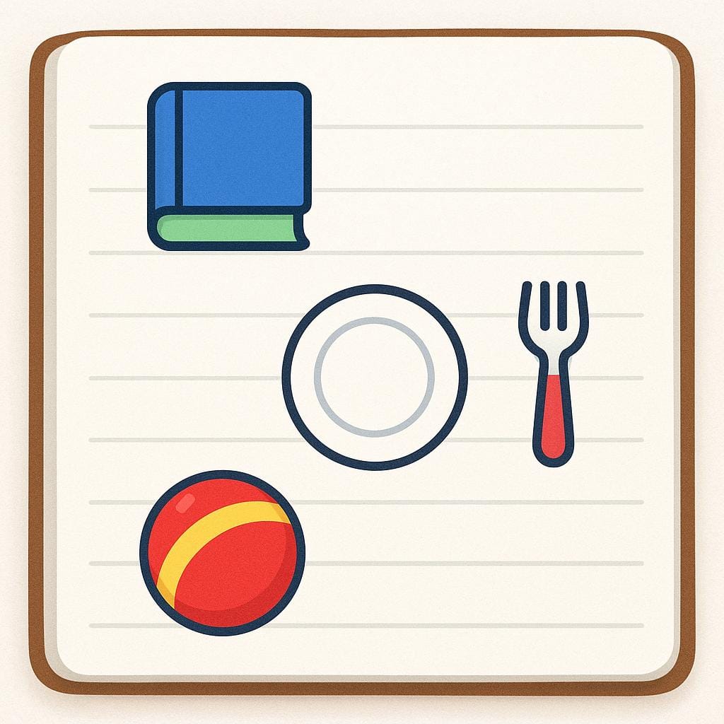 A colorful illustration of an open planner with simple icons representing various scheduled activities like reading, eating, and playing.