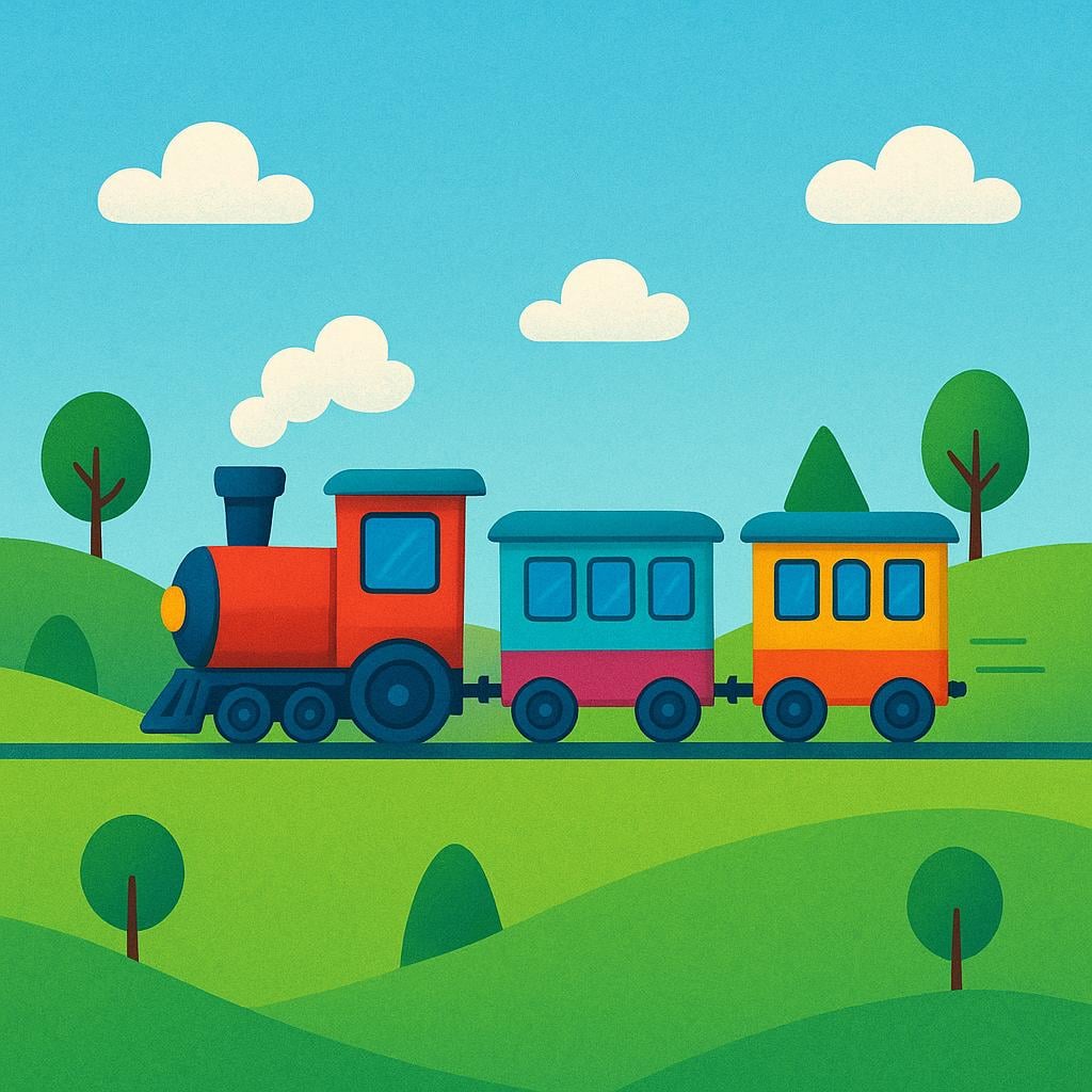 A brightly colored toy-like passenger train travels across a vibrant green landscape with stylized rolling hills and small trees.