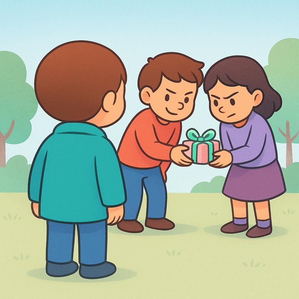 Uma figura de costas viradas, enquanto outra figura atrás dela troca secretamente um objeto, ilustrando uma ação que ocorre sem o conhecimento da primeira pessoa.