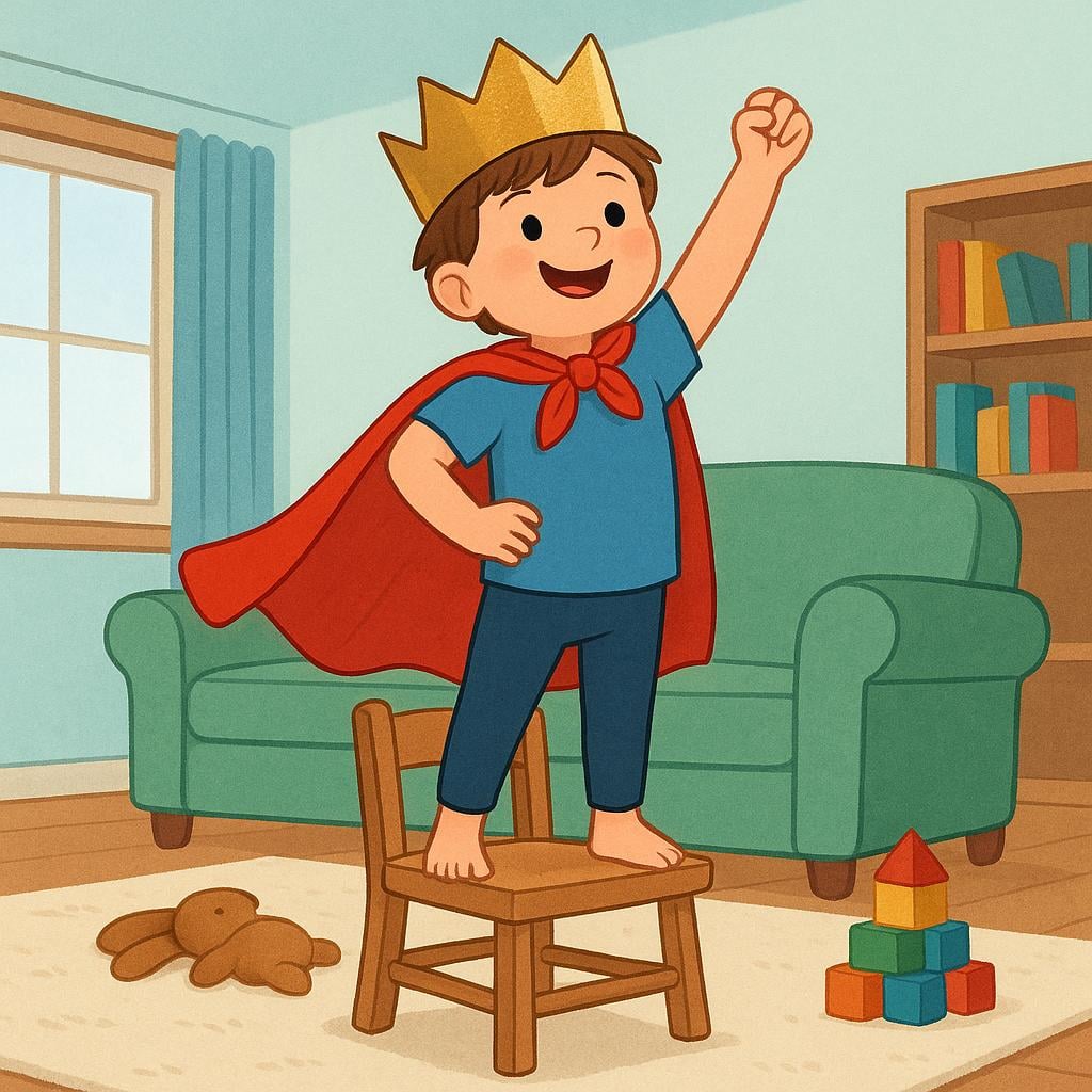 A child wearing a cardboard crown and a towel cape, standing on a wooden chair and pretending to be a king.