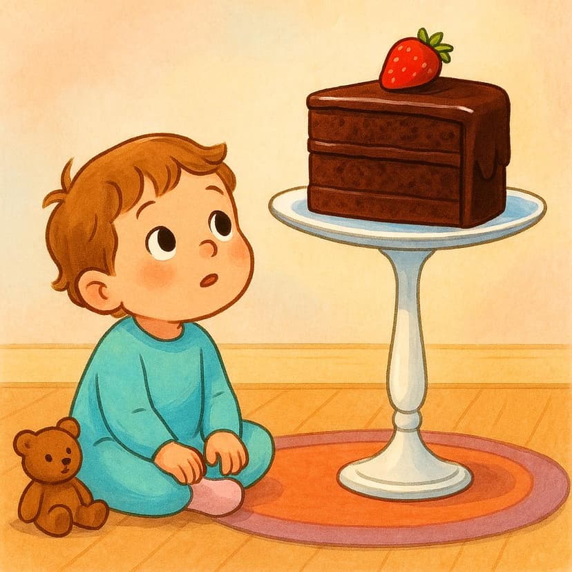 A simple storybook illustration of a young child sitting on the floor, gazing intently and longingly at a large, perfect slice of chocolate cake placed slightly out of reach on a high shelf, illustrating the concept of desire.