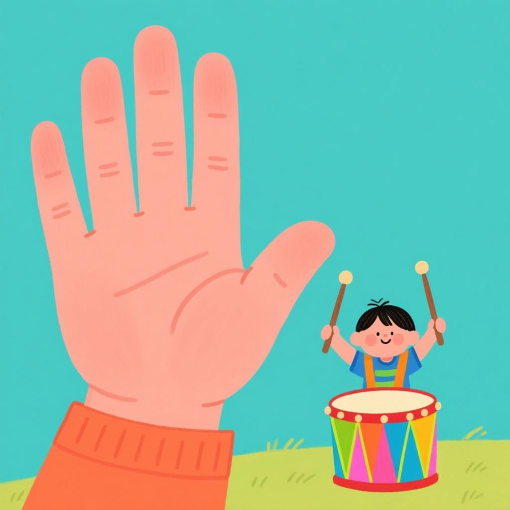 A large, open palm held up in a stopping gesture in front of a small child who is about to hit a drum.