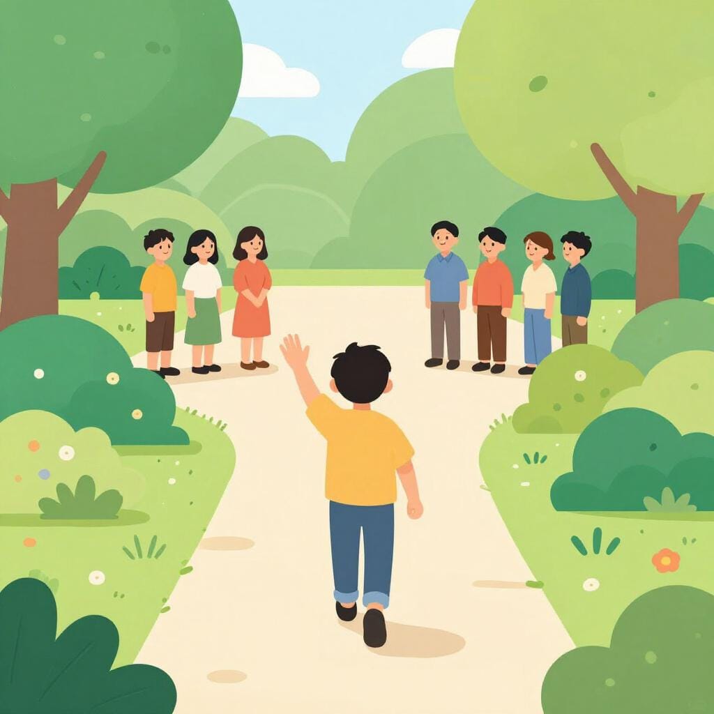 A person waving happily while walking towards a waiting family in a garden.