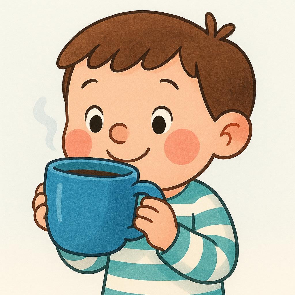 A cheerful cartoon character holding a large blue mug to their mouth and drinking a hot liquid.