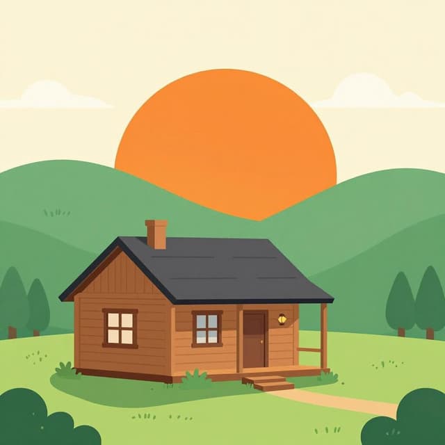 Uma casinha com a porta da frente e janelas viradas para um sol nascente brilhante no horizonte.