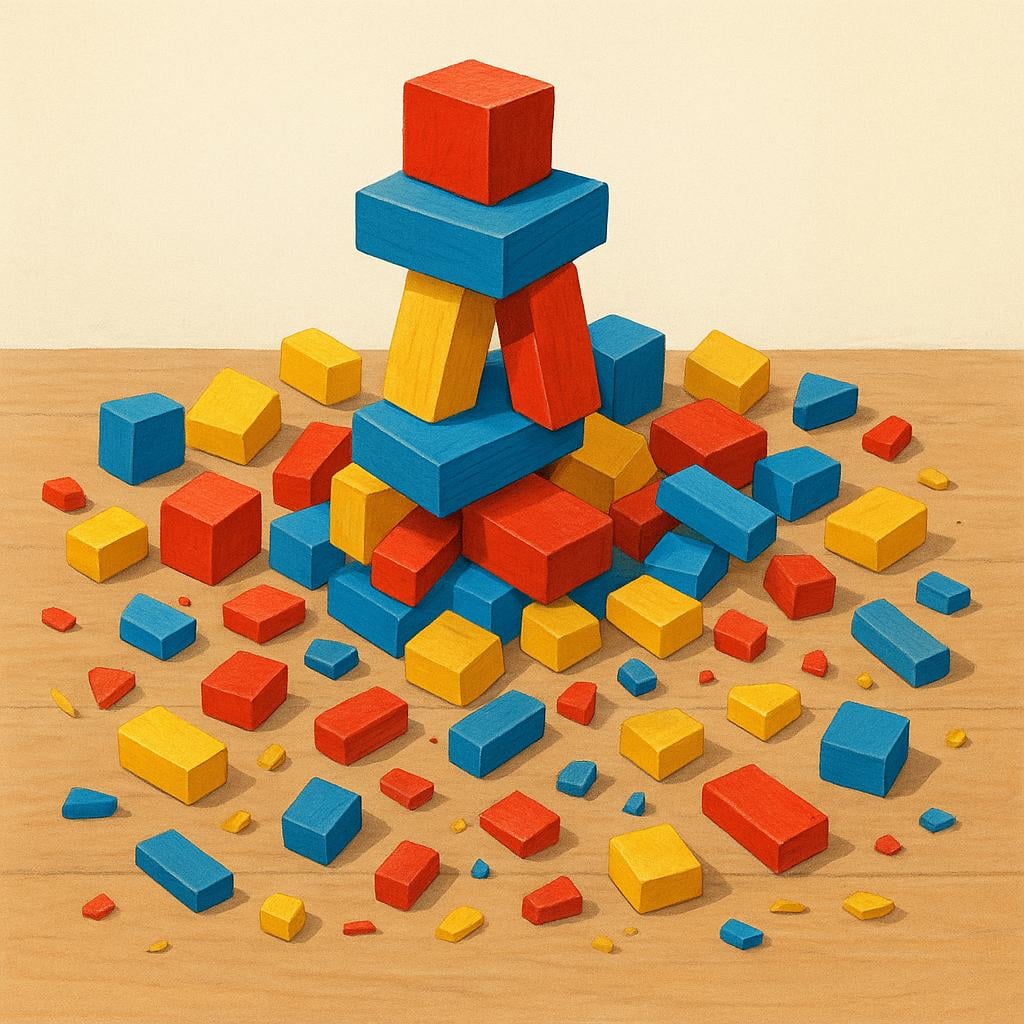A brightly colored tower made of wooden blocks that has completely collapsed and scattered into many small pieces on the floor, illustrating ruin and destruction.