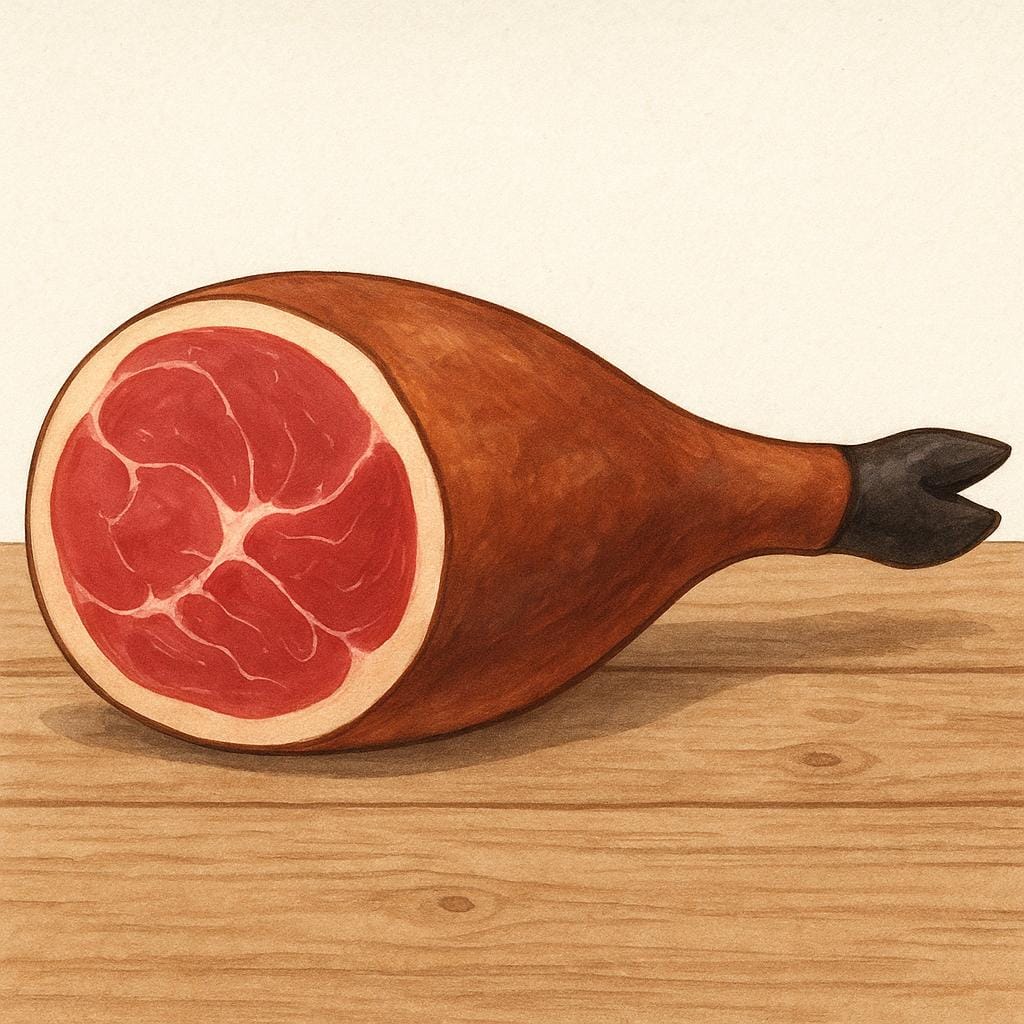 A whole, dark red, cured ham leg resting on a rustic wooden cutting board.