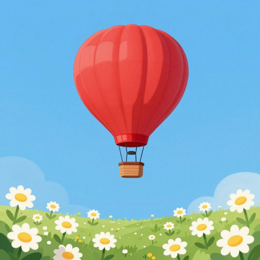 花畑の上空高く飛ぶ風船の写真。