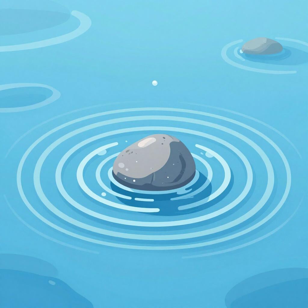 Ein einzelner Kieselstein, der in einen ruhigen Teich fällt und viele sich ausbreitende Kreise erzeugt.