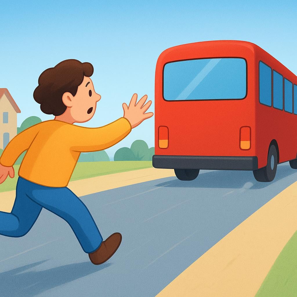 A person running with an outstretched hand, looking frustrated as a large, red bus drives away, showing they failed to catch it.
