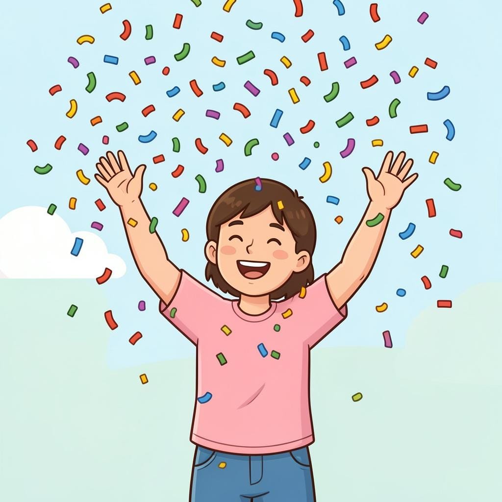 Una persona gioiosa che lancia coriandoli colorati in aria con un grande sorriso.