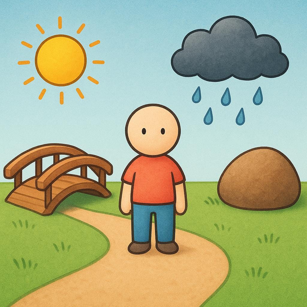 A small cartoon figure stands on a path, surrounded by contrasting environmental elements: a bright sun above, a dark rain cloud, a smooth bridge leading forward, and a large boulder blocking a side path. These elements symbolize the various conditions affecting the figure.