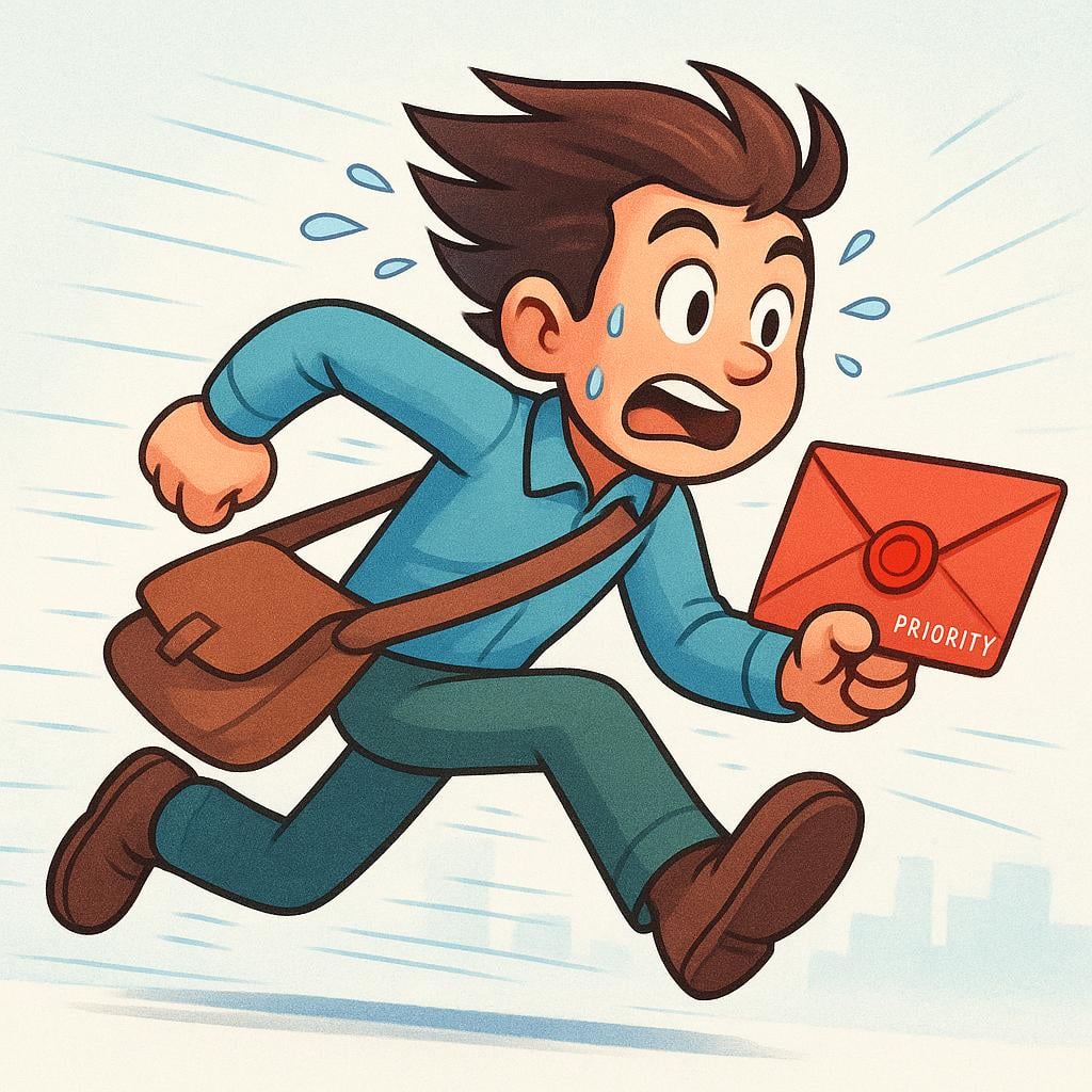 A simple colorful illustration of a messenger sprinting quickly with strong motion lines, clutching a sealed red envelope, symbolizing an urgent delivery.