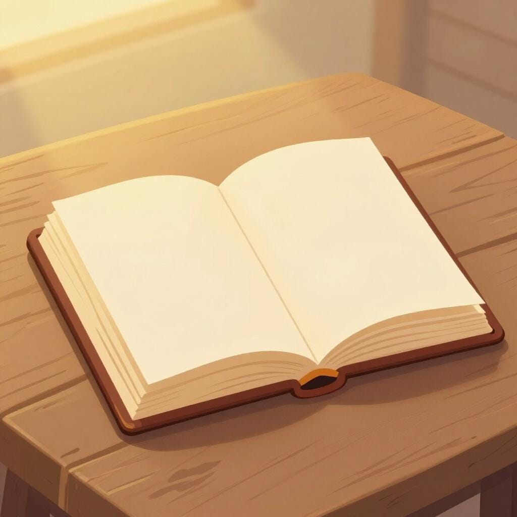 An open ancient book resting on a wooden table with a soft light shining down on the pages.