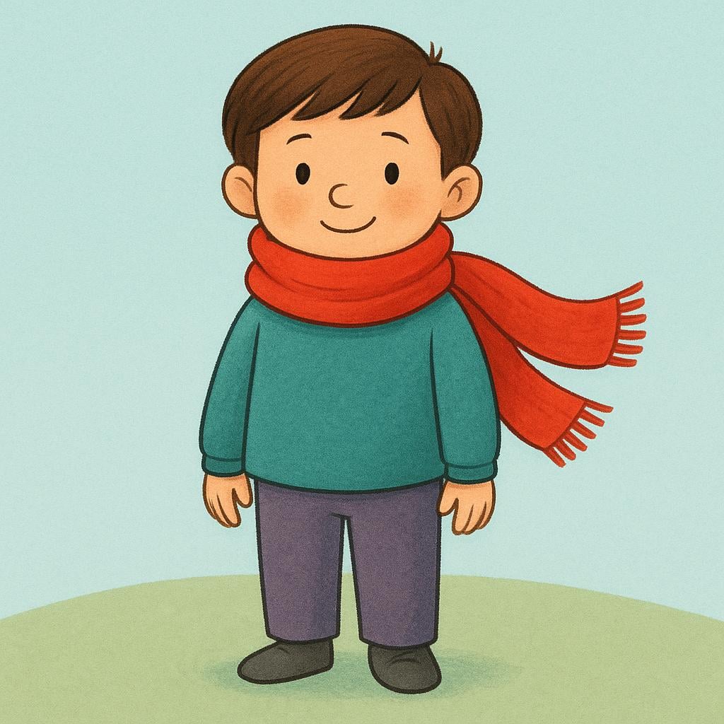 A simple cartoon figure wearing a long, vibrant red scarf wrapped around their neck.