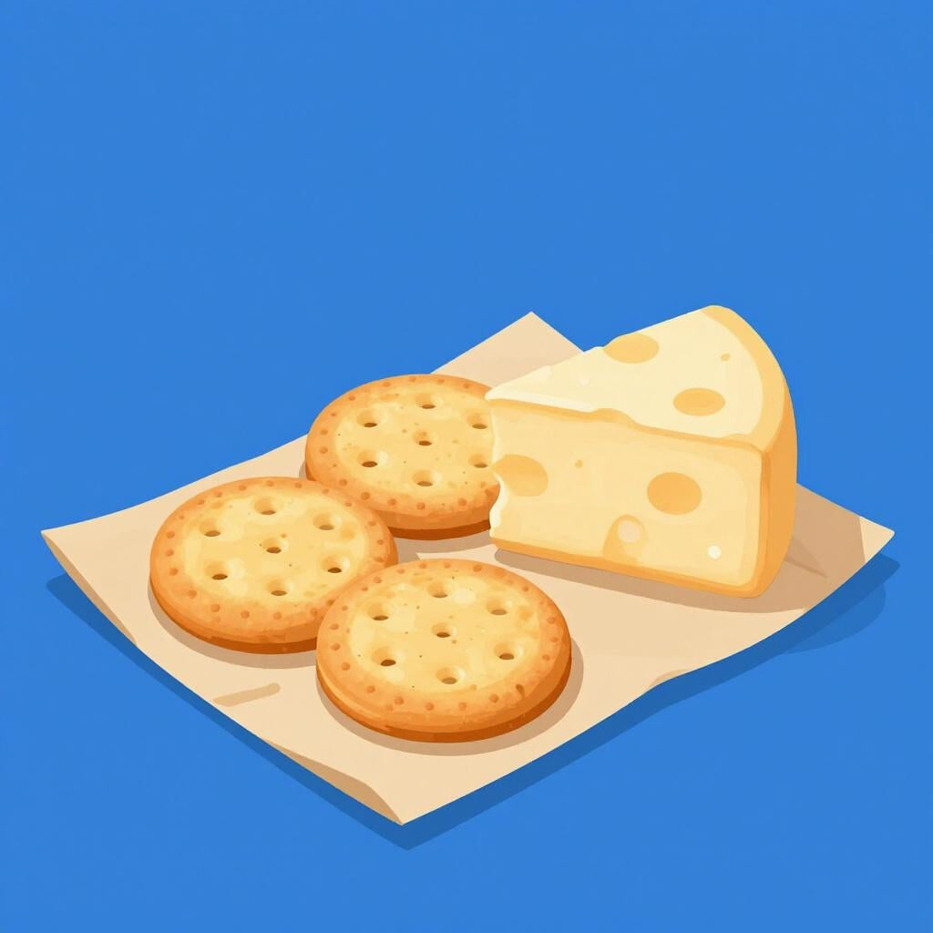 A small pile of dry biscuits and a piece of cheese wrapped in simple brown paper.