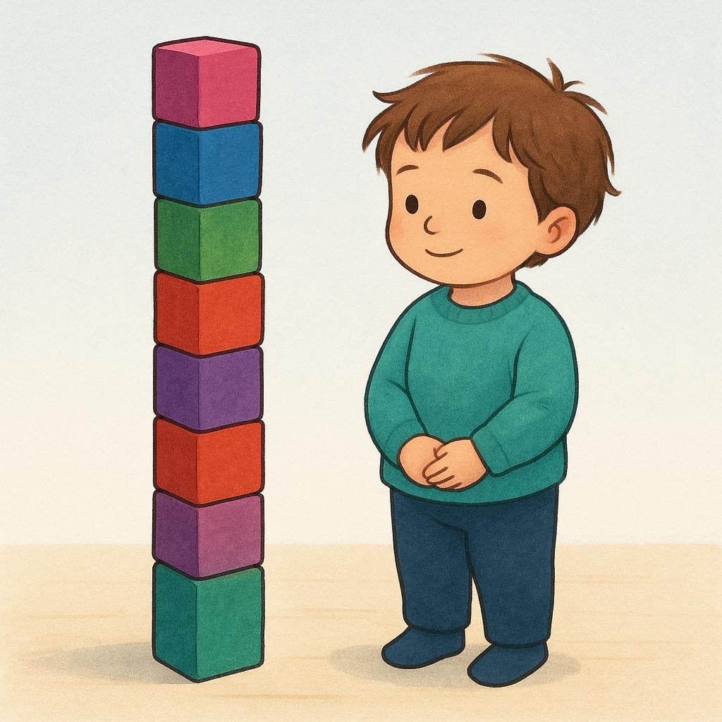 A happy child is effortlessly balancing a precariously tall stack of colorful building blocks, demonstrating a natural skill or talent.