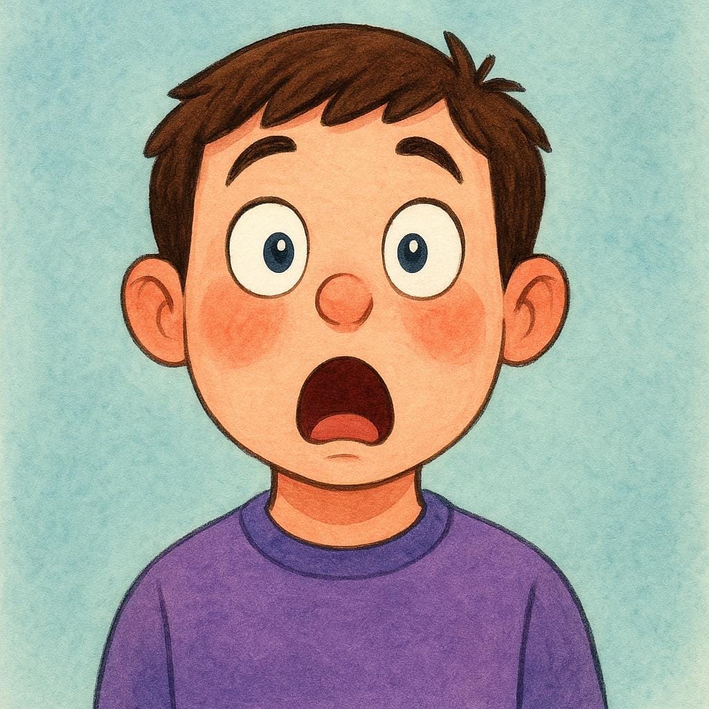 Een eenvoudige illustratie van een persoon met grote ogen en een open mond, die er verbijsterd en emotioneel geschokt uitziet.