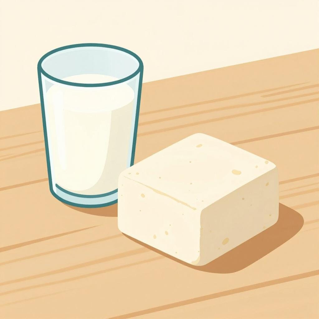 A glass of milk made from almonds and a block of tofu on a wooden table.