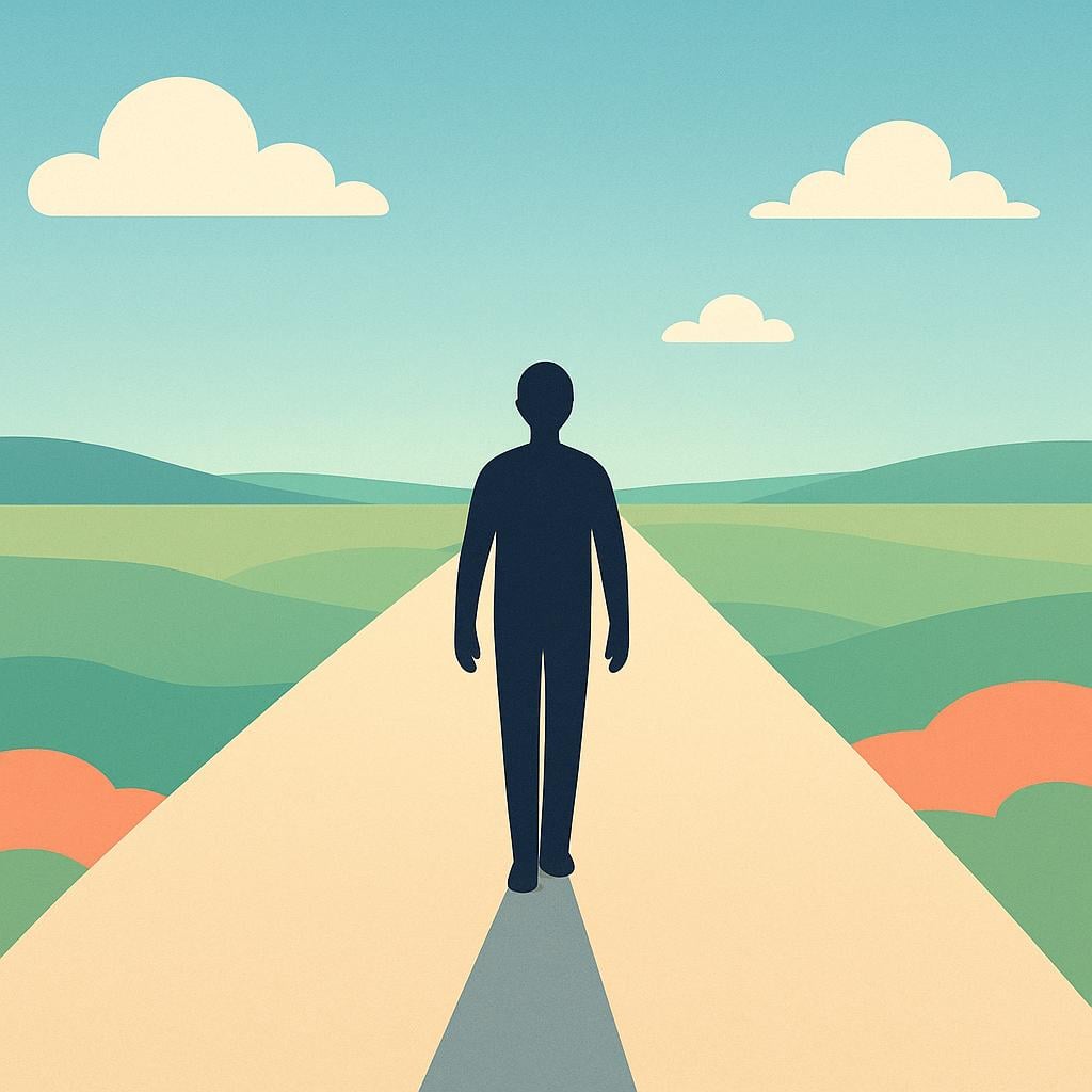 A colorful storybook illustration showing a simplified person walking steadily forward on a long, clear path that stretches toward the horizon, symbolizing continuation.