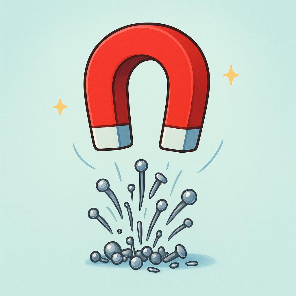 A simple red horseshoe magnet pulling several small, silver metallic objects upward towards it, illustrating magnetic force.