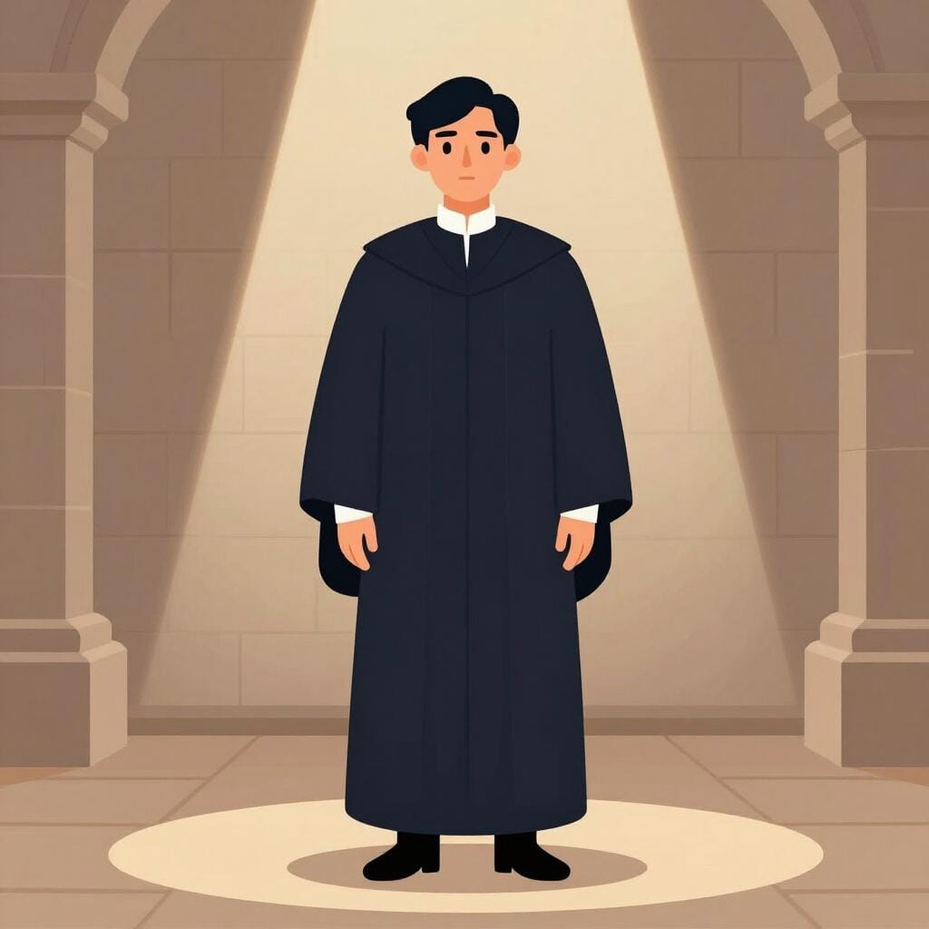 Une personne portant une robe sombre et formelle, avec une expression sérieuse et respectueuse dans un hall silencieux.