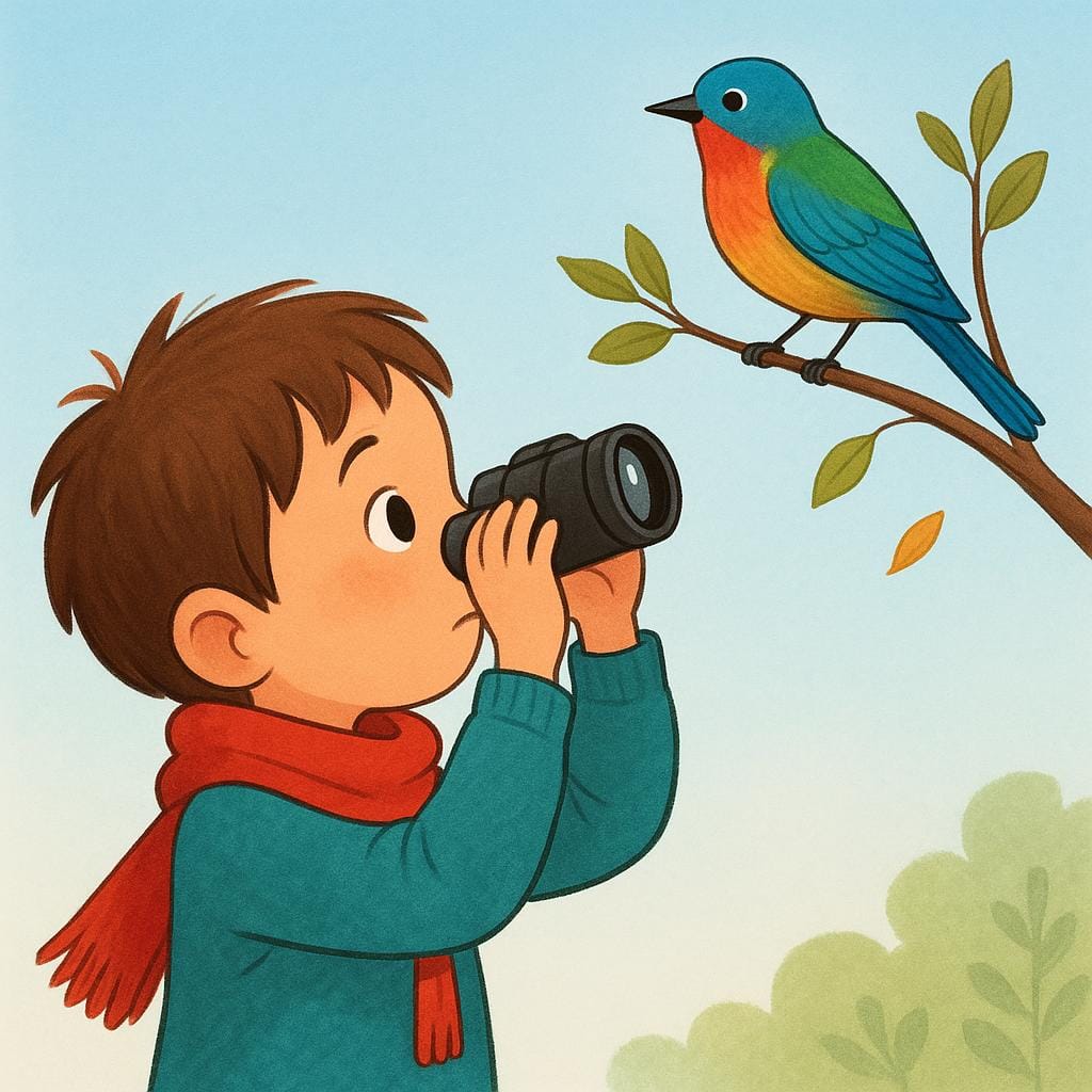 A young child wearing a brightly colored sweater is looking intently through a pair of binoculars at a distant object, suggesting close observation.