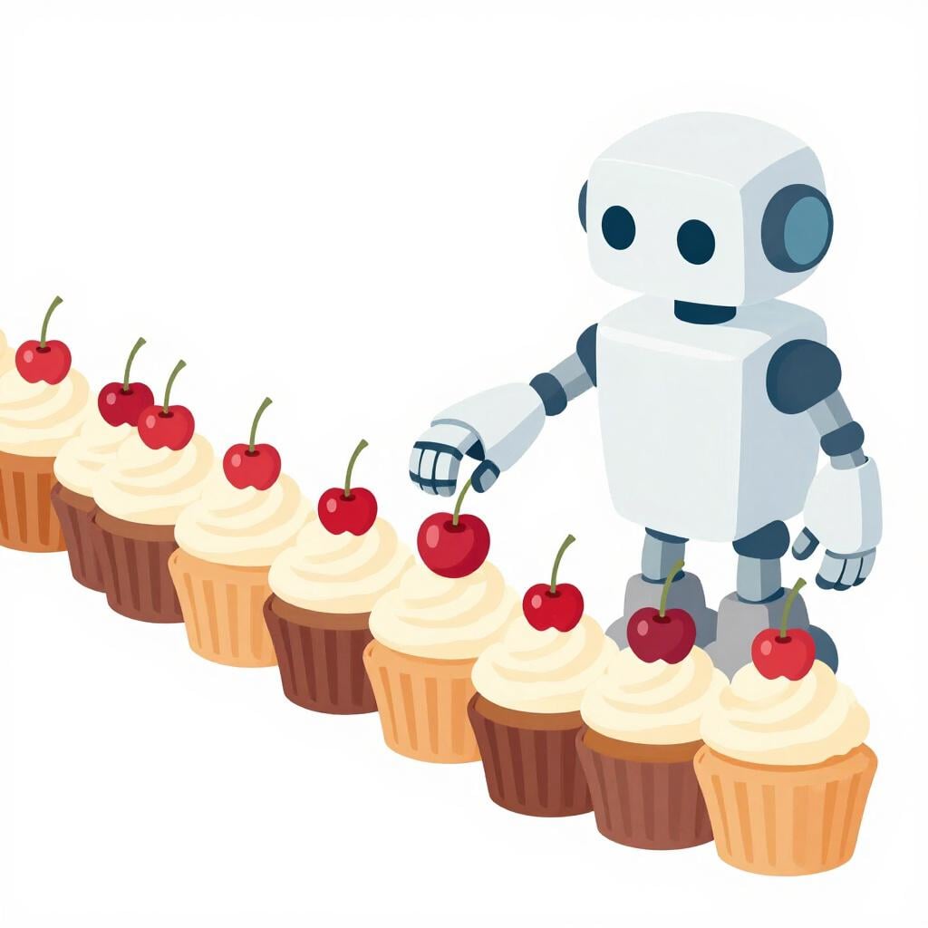 A friendly robot arm perfectly placing cherries on a long row of identical cupcakes on a clean counter.