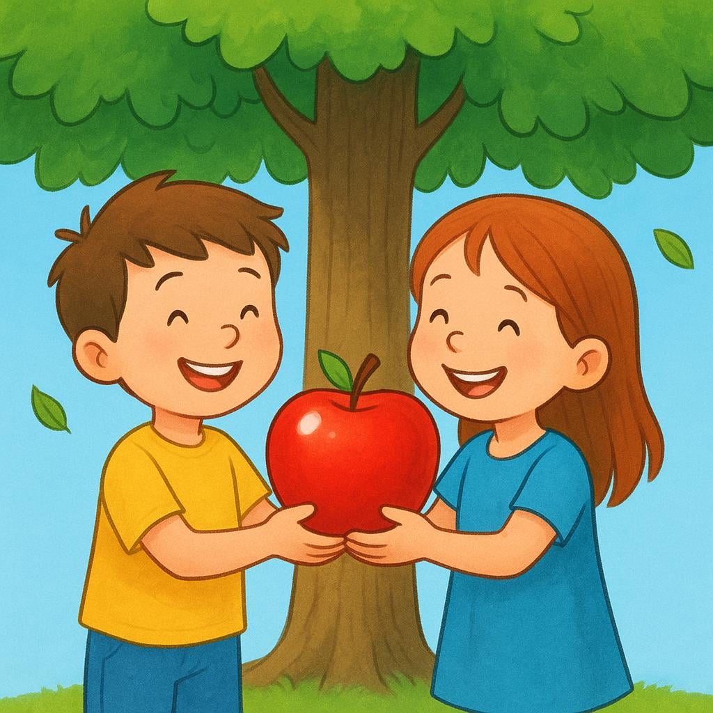 Two children holding a bright red apple they have just picked from a tree.