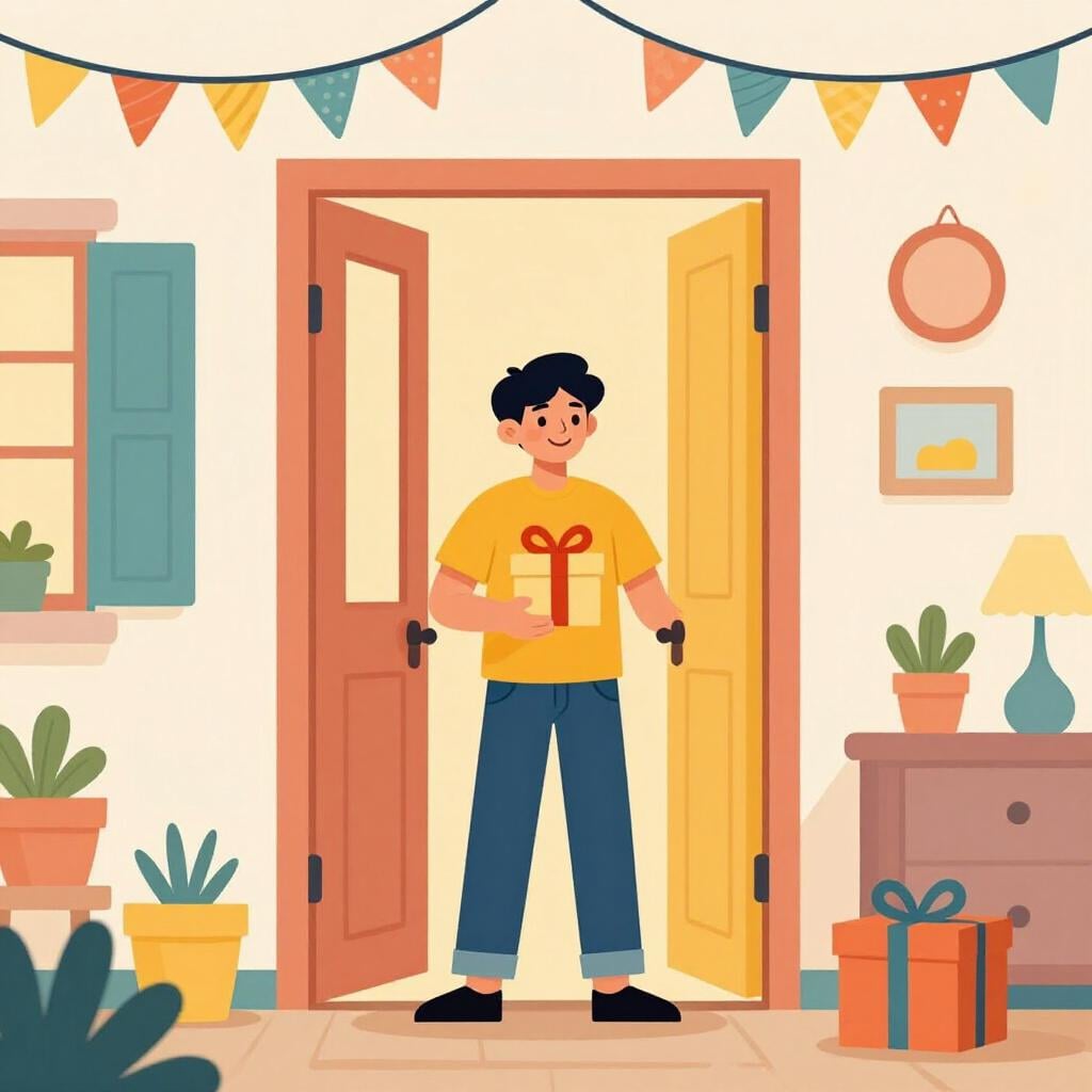 Une personne souriante tenant un cadeau emballé, debout dans l'embrasure d'une porte prête à entrer dans une célébration, symbolisant un invité.