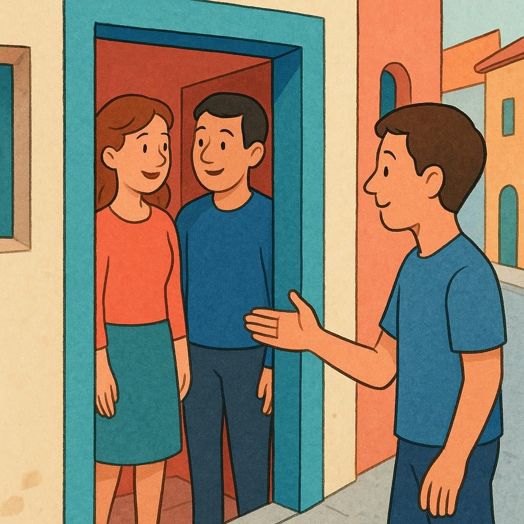 A person gently placing a hand forward to politely request space to walk past two other people who are blocking a narrow path.