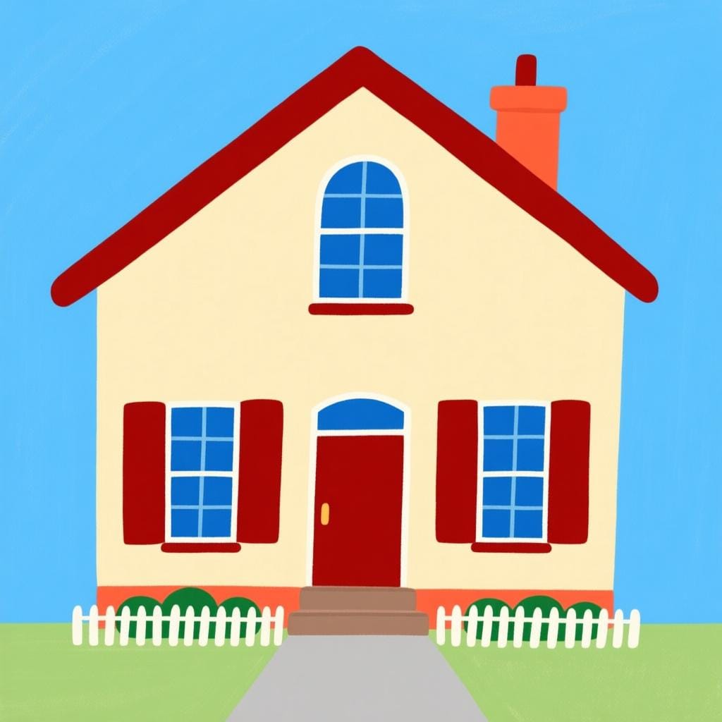 The main entrance and facade of a colorful, simple house, clearly showing its front side.