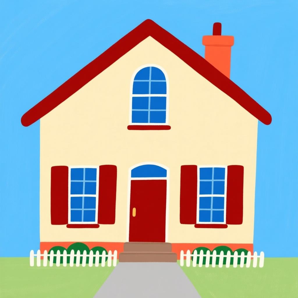 The main entrance and facade of a colorful, simple house, clearly showing its front side.