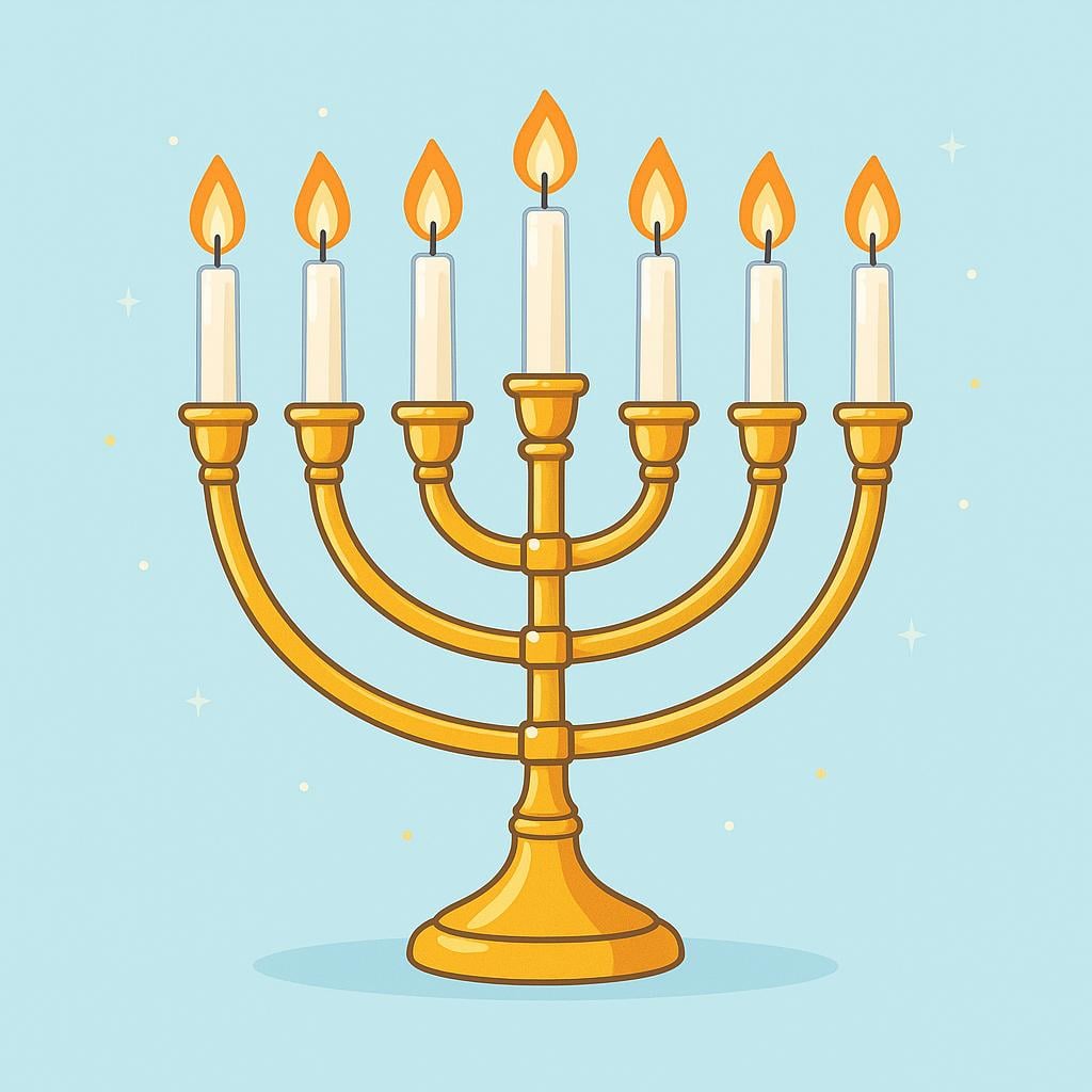 A golden seven-branched candelabrum (Menorah) with lit flames.