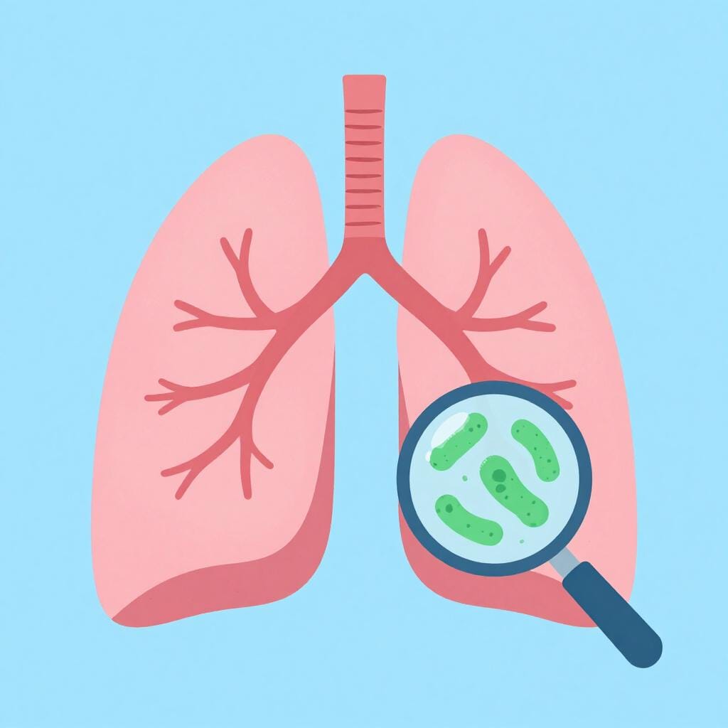 A simple medical illustration of a pair of healthy-looking lungs with a small, stylized microscopic view of rod-shaped bacteria next to them.