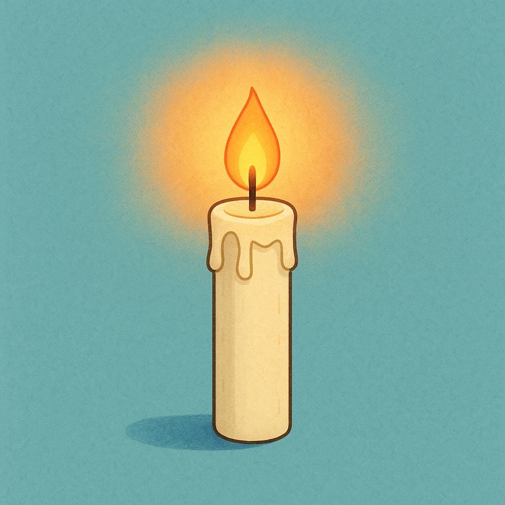 A single, white candle with a bright yellow flame burning brightly against a dark background.